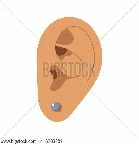 Ear With A Silver Earring. Piercing. Auricle. Organ Of Hearing. Vector Isolated Illustration.