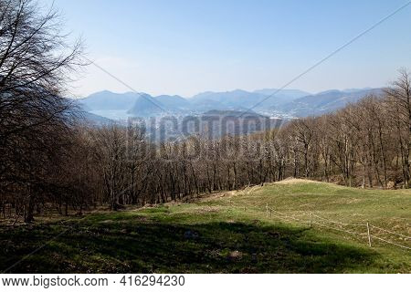 Beautiful View Over Lugano Region Seen From Capriasca Valley In Switzerland On A Early Spring Day