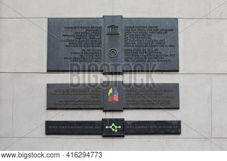 Vilnius, Lithuania - March 28, 2021: Memorial Plates On Vilnius Town Hall To Commemorate Some Recent