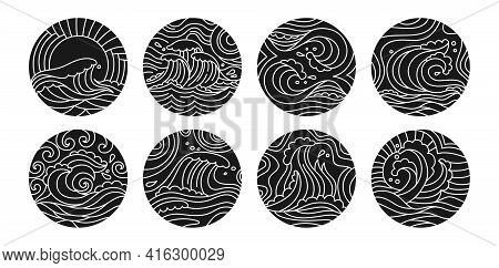 Sea Waves Doodle Round Pattern Black Glyph Set. Ocean Ornament Water Wave And Sun Hand Drawn Design 