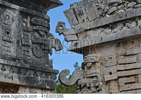 Part Of Temple Of Reliefs In Chichen Itza.
Horizontal View.
Mayan Archeological Site Of Chichen Itza