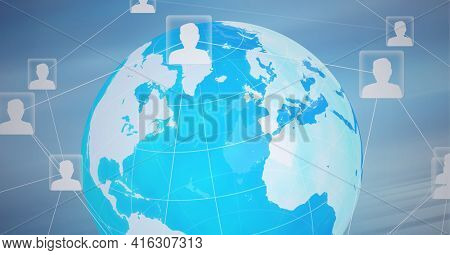 Composition of network of connections with digital people icons over globe. global networks of connections and technology concept digitally generated image.
