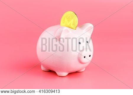 Piggy Bank And Golden Monero Coin Cryptocurrency On A Pink Background. Bitcoin Mining Concept