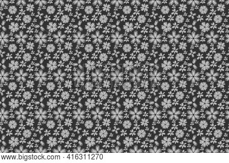 Seamless Pano Raster Pattern With White Doodles Flowers. Balck. Dark.