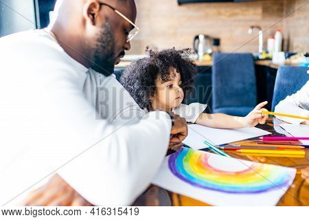 Cute Curly Afro Hair Girl Drawing With Her Dad Parents Positive Education Tolerance