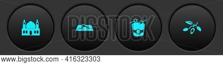Set Muslim Mosque, Man Prays, Ramadan Drum And Date Fruit Icon. Vector