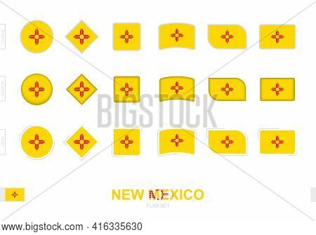 New Mexico Flag Set, Simple Flags Of New Mexico With Three Different Effects. Vector Illustration.