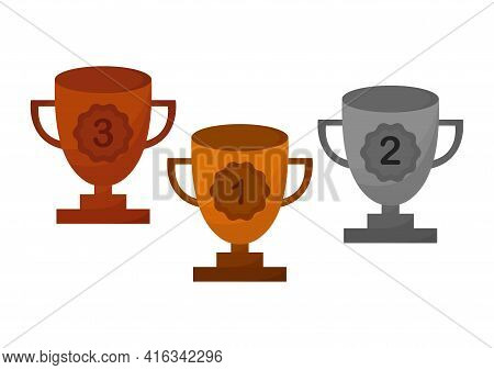 Illustration Of Gold, Silver And Bronze Trophies, Gold Trophies For 1st Place, Silver Trophies For 2