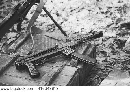 Old Soviet Russian Red Army Submachine Gun Pps-43 Weapon Gun Of World War Ii Lying On The Wooden Box