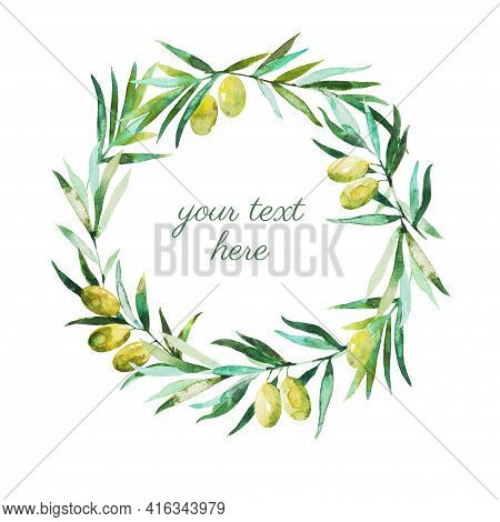 Seamless Pattern With Olive Branches And Olives. Watercolor Hand Drawing
