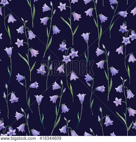 Watercolor Seamless Pattern With Realistic Hand Painted Bellflowers. Meadow Botanical Illustration.