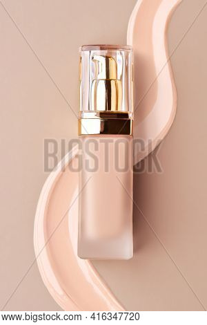 Foundation Bottle With Liquid Foundation. Advertising Of Foundation Cream, Concealer, Base, Bb Cream
