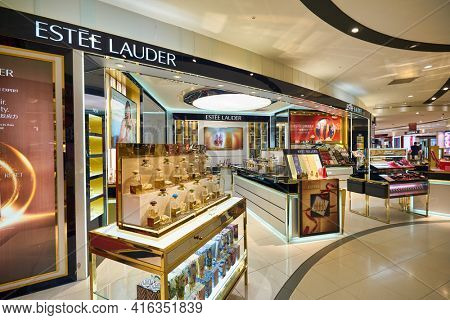 KUALA LUMPUR, MALAYSIA - CIRCA JANUARY, 2020: Estee Lauder personal care products on display at Suria KLCC shopping mall in Kuala Lumpur.