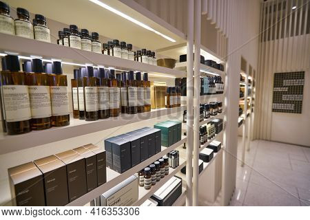 KUALA LUMPUR, MALAYSIA - CIRCA JANUARY, 2020: interior shot of Aesop store at Suria KLCC shopping mall in Kuala Lumpur.