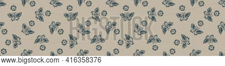 Hand Carved Butterfly Block Print Seamless Border Pattern. Rustic Naive Folk Motif Illustration Bann