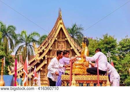 Chiang Mai, Thailand - April 13, 2019  : Chiangmai Songkran Festival. Buddha Phra Singh Of Phra Sing