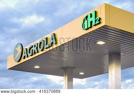 Lucerne, Switzerland - February 8, 2021: Hydrogen Fuel Pump At An Agrola Filling Station, For Cars P