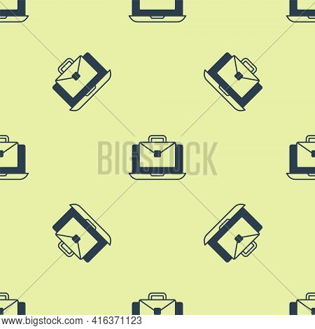 Blue Online Working Icon Isolated Seamless Pattern On Yellow Background. Freelancer Man Working On L