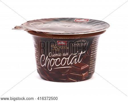 Bucharest, Romania - March 10, 2018. Muller De Luxe Creme Au Chocolat, Chocolate Cream, Produced By 