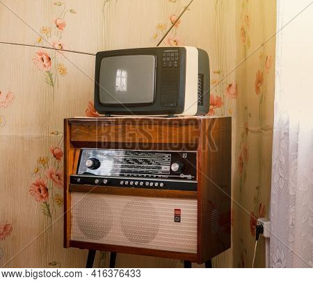 Retro Technology, Vintage Radiogram 1960S And Tube Tv At Home In Living Room, Old School Style 1970S