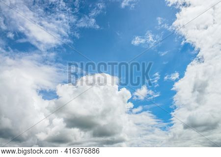 Scenic Nature Landscape With Beautiful Cirrus Clouds In Blue Sky. Colorful Cloudscape With Spindrift