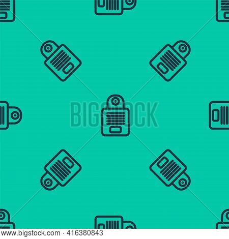 Blue Line Intercom Icon Isolated Seamless Pattern On Green Background. Vector
