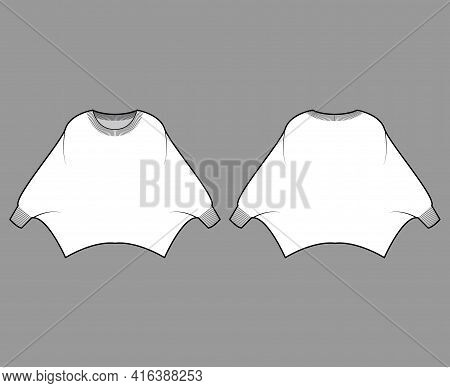 Sweater Batwing Sleeve Technical Fashion Illustration With Rib Oval Neck, Oversized, Hip Length, Kni