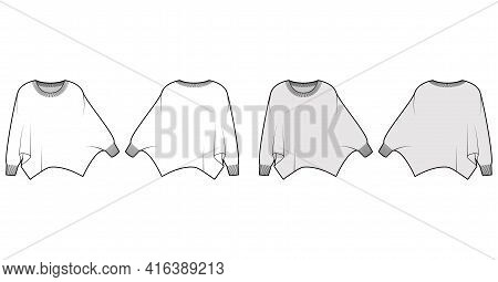 Sweater Batwing Sleeve Technical Fashion Illustration With Rib Oval Neck, Oversized, Hip Length, Kni
