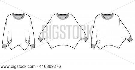 Set Of Sweaters Batwing Sleeve Technical Fashion Illustration With Rib Oval Neck, Oversized, Hip Len