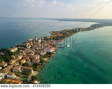 Top View Of Scaligera Castle And Sirmione On Lake Garda.italy.tuscany