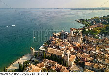 Top View Of Scaligera Castle And Sirmione On Lake Garda.italy.tuscany