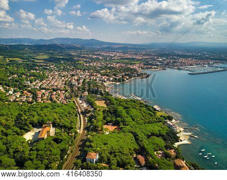 Top View Of The City And The Promenade Located In Castiglioncello In Tuscany. Italy, Livorno