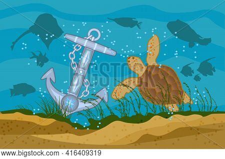 Sea Background. Anchor, Turtle And Fishes Silhouettes On A Blue Sea Background. Boat Anchor In The W
