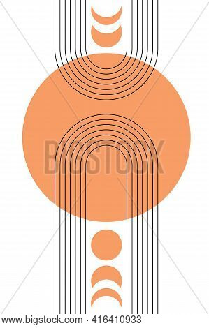 Abstract Poster With Boho Arches, Stripes, Simple Shapes In Warm Orange Colors. Interior Wall Poster