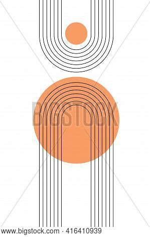Abstract Poster With Boho Arches, Stripes, Simple Shapes In Warm Orange Colors. Interior Wall Poster