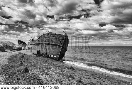 Wreck of Amadeo steamship build in 19th century in United Kingdom is since 1932 beached near Estancia San Gregorio, Chile. Black and white