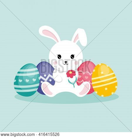 A Cute Easter Bunny Sits Next To Bright Eggs. Illustration For Postcard Design, Printing On Clothing
