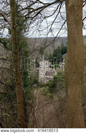 Castle Combe, Chippenham, Wiltshire, Uk - March 06, 2021: Panoramic View From The Forest Hill Of The