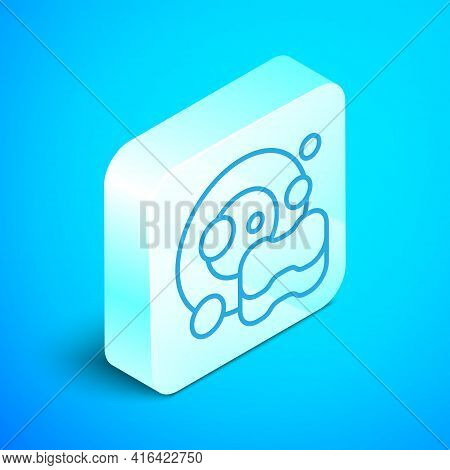 Isometric Line Washing Dishes Icon Isolated On Blue Background. Cleaning Dishes Icon. Dishwasher Sig