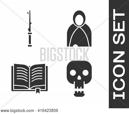 Set Skull, Magic Wand, Ancient Magic Book And Mantle, Cloak, Cape Icon. Vector