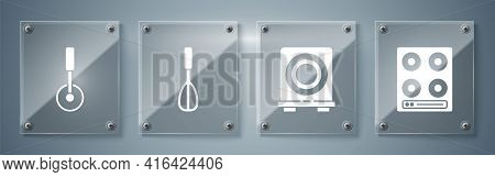 Set Gas Stove, Electric Stove, Kitchen Whisk And Pizza Knife. Square Glass Panels. Vector
