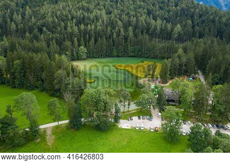 Turquoise Alpine Lake, Aerial View Of Plansar Lake In Zgornje Jezersko, Slovenia