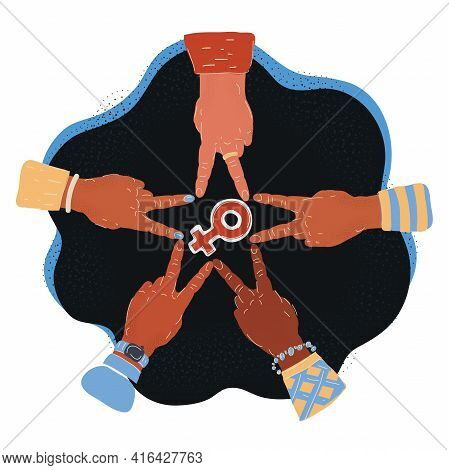 Vector Illustration Of Female Sex Symbol Around Hands With Victory Signt. Woman Get Gogether.