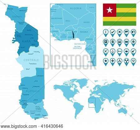 Togo Detailed Administrative Blue Map With Country Flag And Location On The World Map. Vector Illust