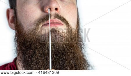 Covid-19 Nasal Swab Test, Taking Nasal Mucus Test Sample, Cotton Swab From The Throat And Nose Isola