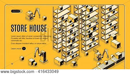 Factory Or Shop Automated Storehouse, Delivery Service Sorting, Logistics Center Isometric Vector We