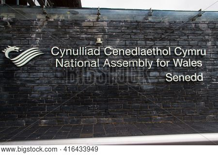 Editorial, Sign For The Welsh Parliament Or Senedd Cymru Building, Wales, United Kingdom