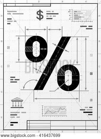 Percent Symbol As Technical Drawing. Stylized Drafting Of Percentage Sign With Title Block. Vector I
