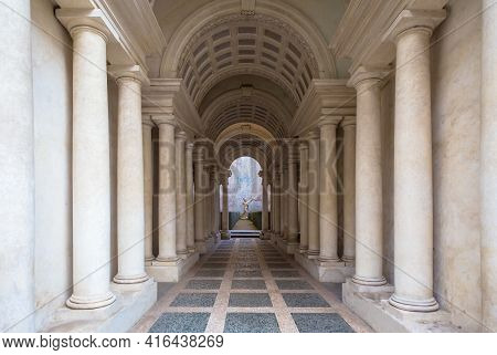 Rome, Italy - August 23, 2018: Prospettiva Borromini (borromini Perspective), Corridor With Marble C