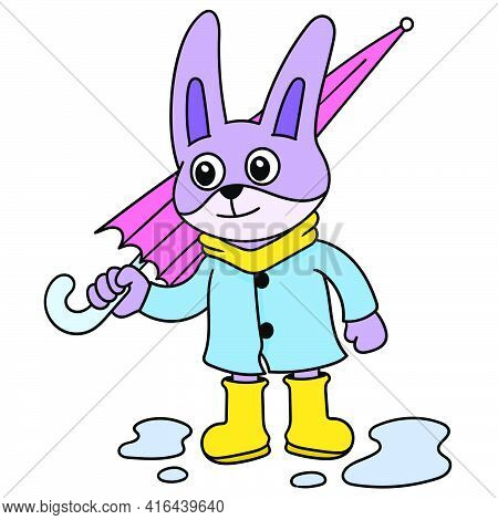Cats In The Rainy Season Wear Protection And Carry Umbrellas With Wet Clothes, Doodle Draw Kawaii. V